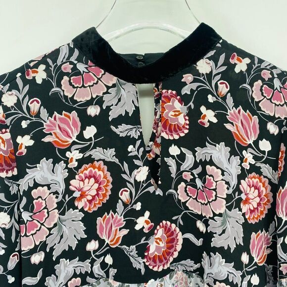 LOFT Size Small Purple Floral Velvet Mock Neck Keyhole Boho Blouse Top - Picture 6 of 8